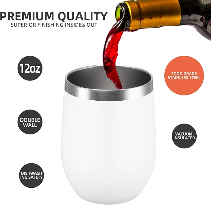 12 oz Insulated Wine Tumbler with Lid and Straw,Stainless Steel Stemless Wine Tumbler Glasses Double Wall Vacuum Wine Cups Tumbler for Coffee,Champaign,Cocktail,Office (White,1)