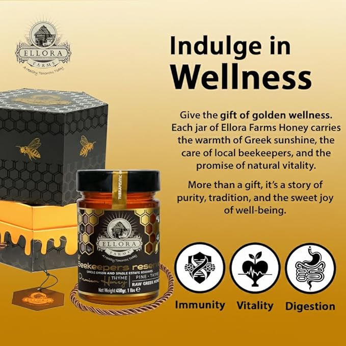 Ellora Farms Single Estate PDO Raw Greek Honey, Pine & Thyme Raw Honey Unfiltered, Beautiful Gift Pack with Dipper, Beekeepers Reserve, Pure Raw & Unfiltered Cold-Pressed, Gluten Free - 450 g
