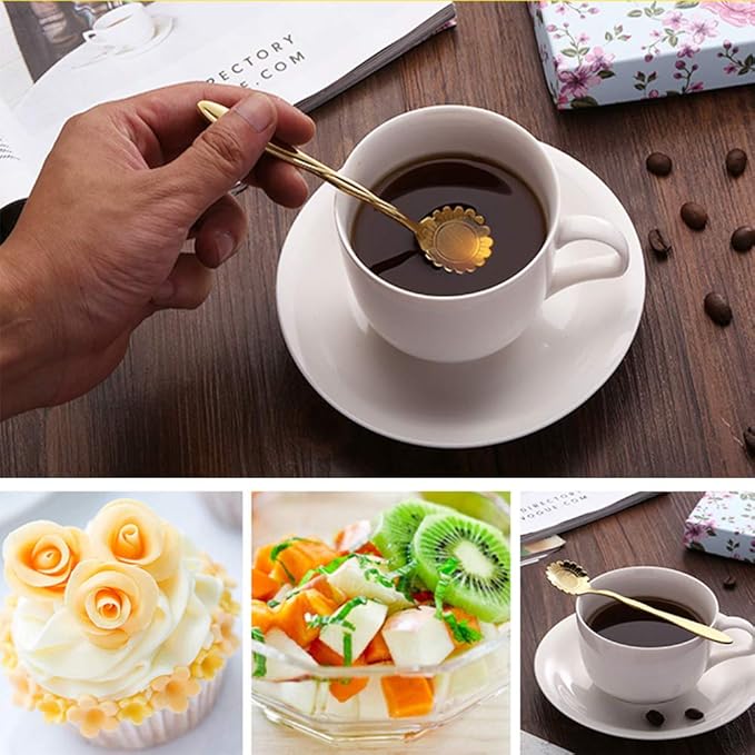 Stainless Steel Tableware Creative Flower Coffee, Sugar, Stir, Mix, Stir Bar, Tea, Cake, Sugar, Dessert Ice Cream Spoon Set of 8, Gold