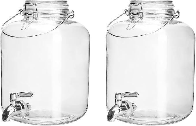 Glass Drink Dispenser for Parties, 1 Gallon Glass Water Dispenser with Stainless Steel Spigot and handle,Glass Water Dispenser Countertop for Weddings, Lemonade & Laundry Detergent Dispenser (2Pack)