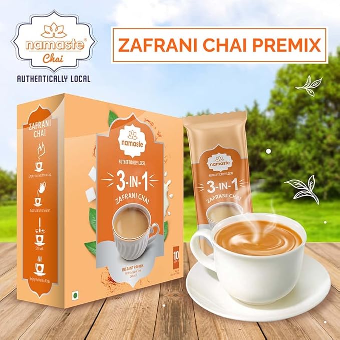 Namaste Chai Zafrani Saffron Tea Premix | Instant Saffron Tea Powder Sachets With Milk and Sugar | 22g x 10 Sachets