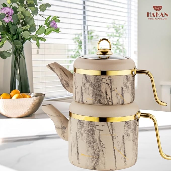 Hakan Melody Turkish Tea Pot Set | 3.5 L Tea Kettles for Stovetop with Stainless Steel Handless and Glass Lid | Aluminum Body Tea Maker | Double Stovetop Kettles with Granite Cover (cream)