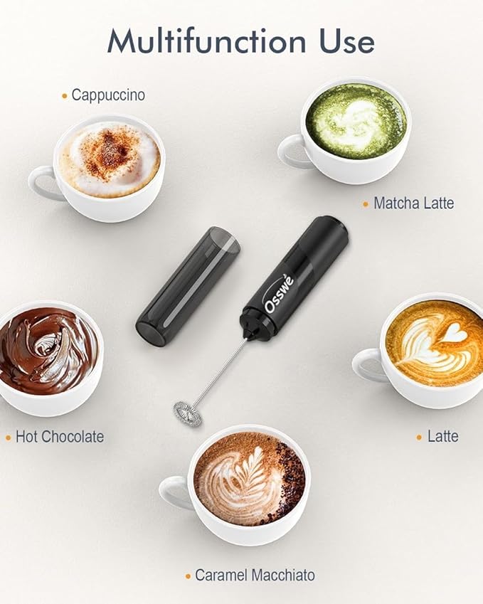 Premium Electric Milk Frother with Storage Cover – Handheld Coffee Foam Maker, Battery Operated, Matte Black – Powerful & Portable Frother for Lattes, Cappuccinos, Hot Chocolate, Matcha & More
