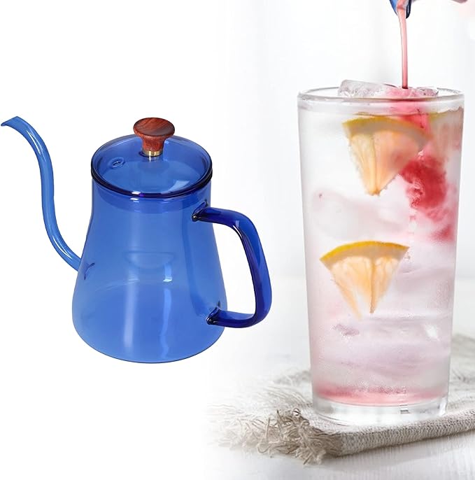 350ml Pour Over Coffee Kettle,Gooseneck Glass Kettle,Tea Kettle Long Spout Kettle Large Capacity Heat Resistant Easy to Clean Long Mouth Coffee Pot with Lid(blue)