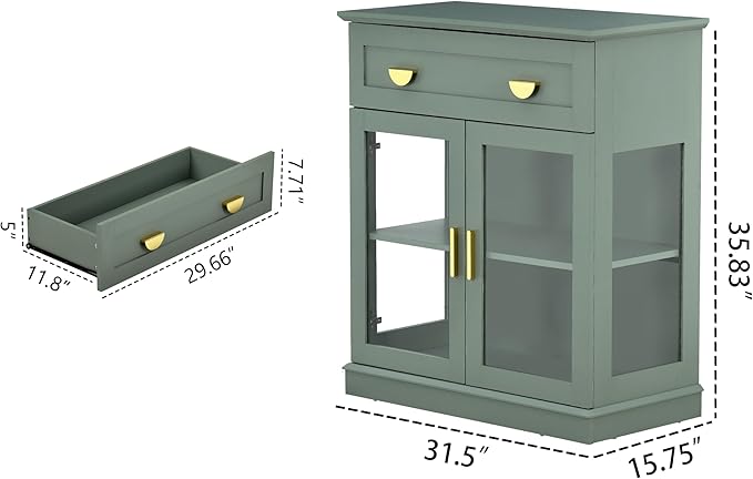 31.5'' Small Buffet Cabinet with Glass Doors,Small Coffee Bar Cabinet with Storage,Modern Sideboard Buffet with Adjustable Shelf and a Drawer,for Kitchen and Living Room,Green