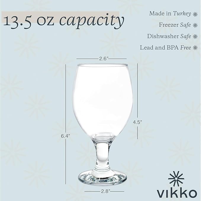 Vikko Beer Glass, Set of 4 Belgian Style Beer Glasses, Large Size 13.5 Ounce, Dishwasher Safe Durable Drinking Glass for Craft Brews, Beer or Water
