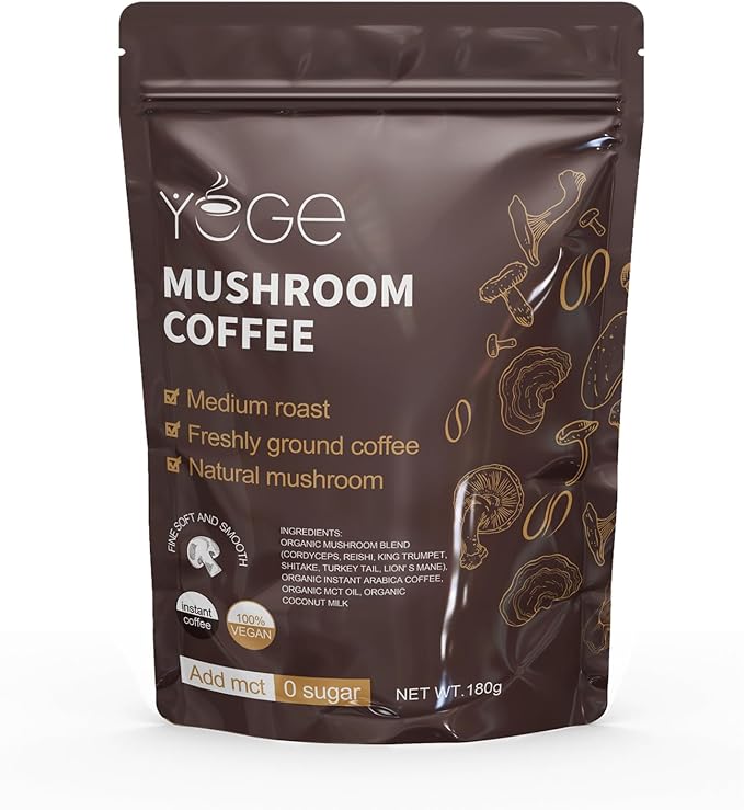 Mushroom Coffee, Instant Mushroom Coffee with Cordyceps, Reish, King Trumpet, Shitake, Turkey Tail, Lions Mane for Energy, Focus, Positive Mood & Immune Support (30 Servings)
