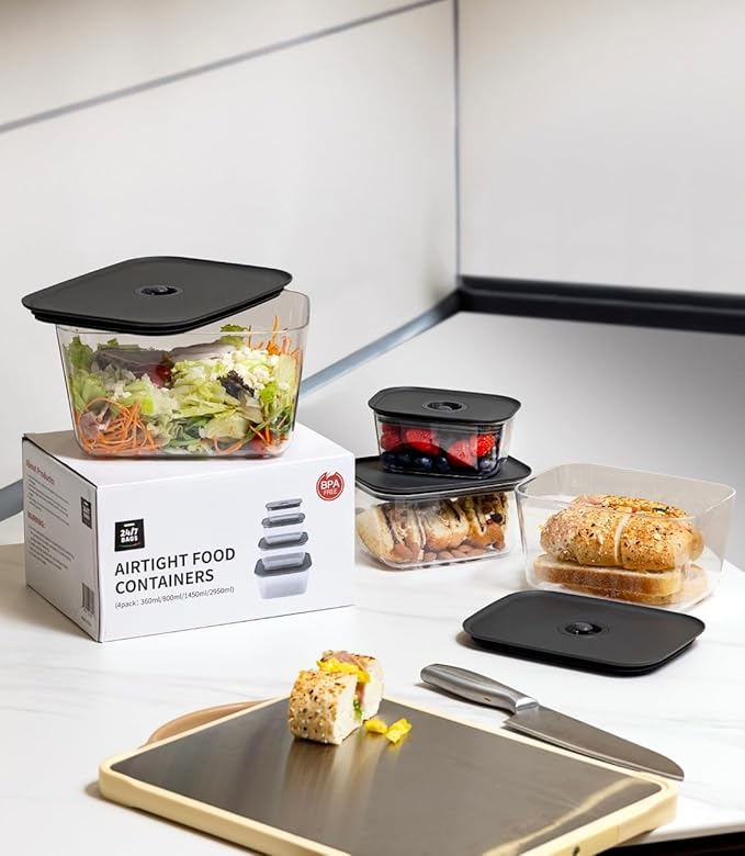 24/7 BAGS 4 Set Airtight Pantry Storage Containers, Easy Use One Push Valve, Leak Proof, BPA-Free, Freezer Storage Safe, (Herbs, Tea, Spices, Coffee, Sugar, and More) 4 Sizes