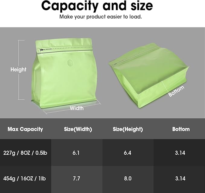 50 Count 16oz Coffee Bags with Valve,1lb Vented Coffee Beans Packaging Bags High Barrier Aluminumed Foil Flat Bottom Heat Sealed Side Zipper Resealable Storage Bag for Home or Business（Green）