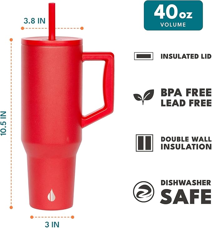 Elemental 40 oz Tumbler with Handle and Straw - Spill Proof Insulated Stainless Steel Commuter for Hot and Cold Beverages - Travel Coffee Mug with 2 Straws & Spill Proof Lid - 40oz - Red