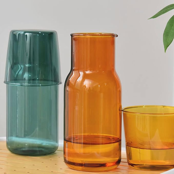 Bedside Glass Water Carafe Set with Cup, Glass Carafe with Lid Mouthwash Cups for Bedroom Bathroom Juice Wine Milk