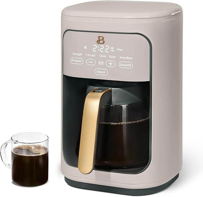 Beautiful 14-Cup Programmable Single Serve Drip Coffee Maker with Touch Display - Automatic Coffee Machine with Timer for Home & Office - by Drew Barrymore (Porcini Taupe)