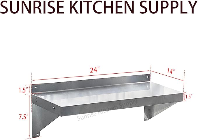 SUNRISE Commercial 430 Stainless Steel Kitchen Wall Shelf, NSF Certificated, Wall Mounted, Solid Shelving for Restaurants, Bars & Hotels (14" x 24")