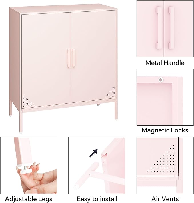 Metal Storage Cabinet with 2 Doors, Steel Buffet Sideboard Entryway Locker Cabinet Kitchen Cupboard for Living Room, Dining Room, Kitchen, Office, Bar (Pink, 31.5" D x 15.75" W x 35.43" H)