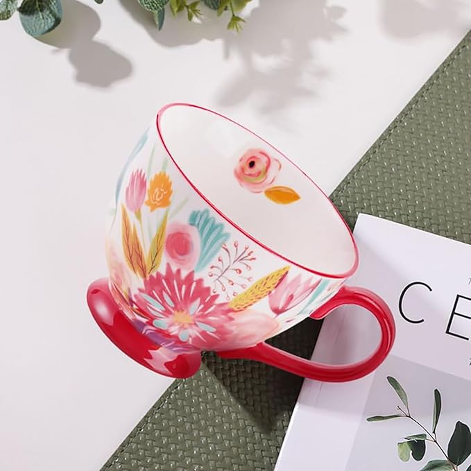 Autumn Handmade Large Ceramic Coffee Mug (20oz) Cute Cereal Vintage Flower Mugs Cozy Fall Gift Cup for Breakfast Oatmeal Tea & Hot Drinks with Floral Design