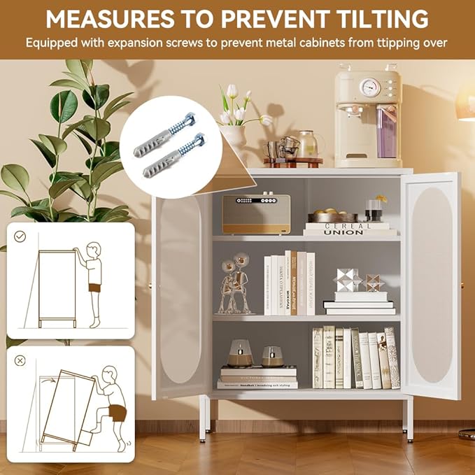 Small Cabinet with 2 Mesh Doors，Small White Cabinet with High Feet, Metal Pantry with Adjustable Shelf, Sideboards for Room, Office, Living Room,Dining Room,Sideboard, Hallway and Entryway