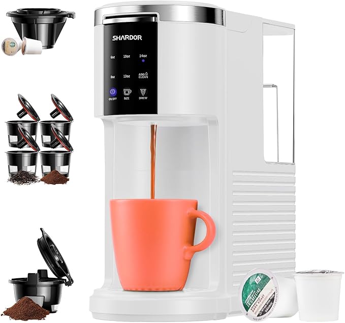 SHARDOR 3 in 1 Coffee Maker, K Cup Coffee Maker Compatible with Ground Coffee & Teas, Single Serve Coffee Machine, 6–14oz Brew Sizes, 40oz Detachable Water Reservoir, Descale Settings, White