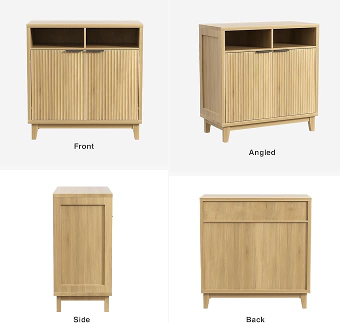 Set of 2 Fluted Sideboard Cabinet with Wavy Fluted Door Panel, Solid Wood Leg & Adjustable Shelf, Quality MDF Storage Cabinet for Entryway, Living Room, Dining Room, 15.7"D x 31.5"W x 32.3"H