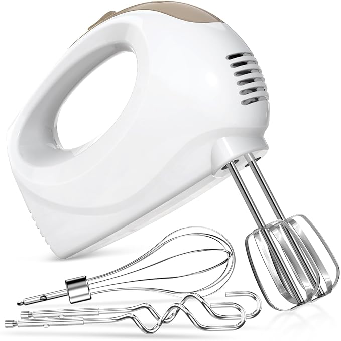 Handmixer - 5 Speed Portable Kitchen Mixer Electric Handheld with 5 Stainless Steel Accessories Whisk, Food Beater, ‌Ivory