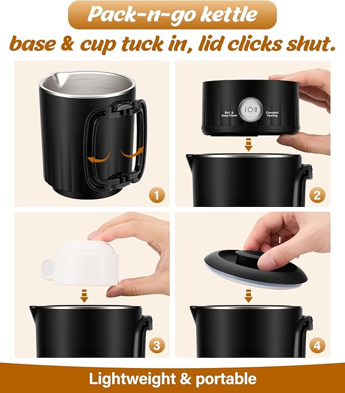 Portable Travel Electric Kettle, 600ML Small Water Kettle with Ceramic Cup, 304 Stainless Steel Water Boiler with Dual Power Control, Compact Design for Camping, RV, Business Trip & Hotel Stays, Black