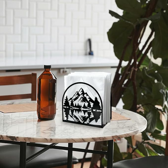 Mountain Forest Decorative Black Metal Napkin Holder for Table, 5.3" x 4.9" x 1.9" Mountain Tree Standing Napkin Holder for Home Kitchen Restaurant Picnic Party Coffee Bar Dining Room
