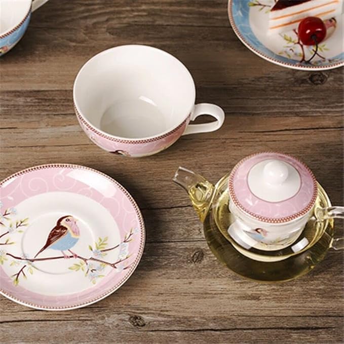Tea for One Set, Glass Teapot with Porcelain Infuser Strainer and Cup & Saucer- Happy Bird Pattern (Pink)