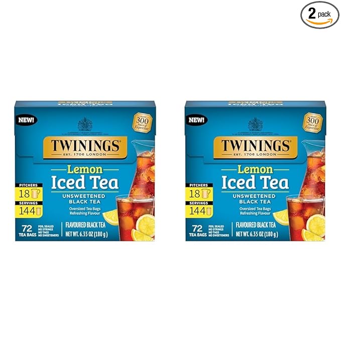 Twinings NEW Lemon Black Iced Tea, 72 Deliciously Unsweetened Tea Bags, Makes 18 Pitchers or 144 Servings, Caffeinated, 72 Count (Pack of 2)