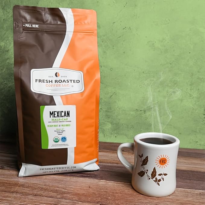 Fresh Roasted Coffee, Organic Mexican Water-Processed Half-Caf | USDA Organic, Kosher | Medium Roast 5 lb (80 oz) Whole Bean