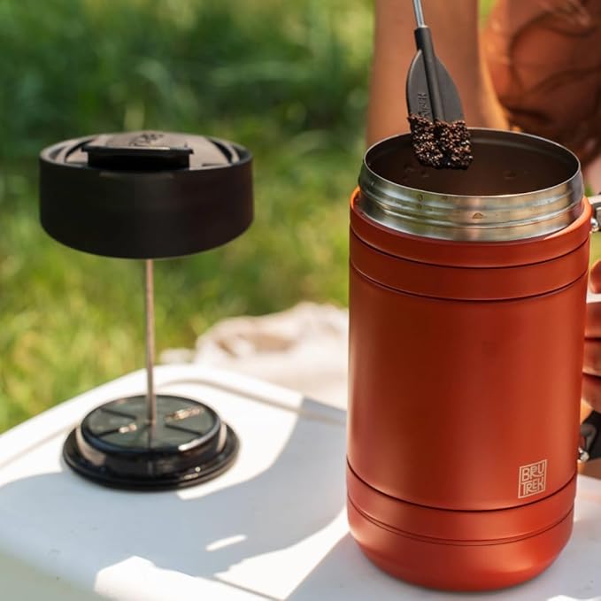 BruTrek BaseCamp Coffee Press - Double Wall Insulated Stainless Steel - Bru-Stop Technology, No Grounds in Coffee, No Spill Lid (Red Rock, 32 fl.oz)