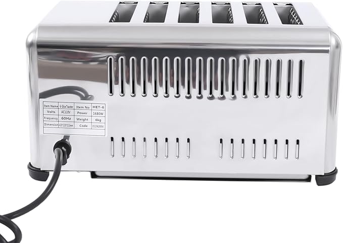 6 Slot Commercial Toaster - 6 Slice Wide Slot Stainless Steel Toaster for Restaurant and Home Kitchen, One-Piece Molding Process (1680W 110V)