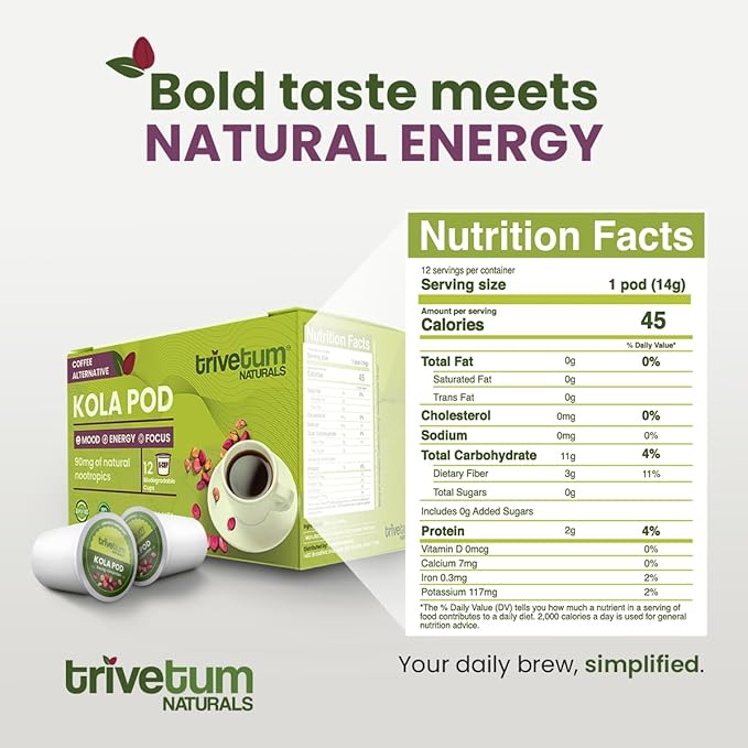 Trivetum Naturals Kola Pods – Low-acid coffee alternative with kola nut + roasted barley for smooth taste, clean energy, focus & natural prebiotic fiber. Keurig compatible, 12 pods.