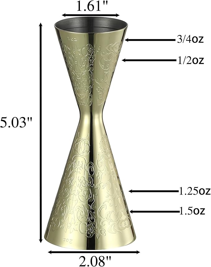 Double Cocktail Jigger Slim Style Measuring Jigger with Etched Pattern (Gold Plated Spirit)