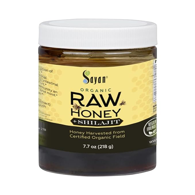 Sayan Organic Honey with Pure Shilajit Resin 7.7 oz /218 g - Potent Fulvic Acid Supplement - Immune System Support, Detox & Natural Energy - Gluten-Free, Non-GMO, All Natural & Tested
