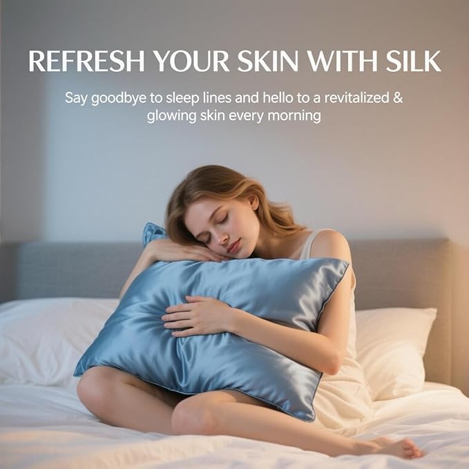 Ravmix Silk Pillow Cases with Zipper, 21momme Mulberry Silk Pillowcase for Hair Skin Health, Soft Smooth Breathable Cool Pillow Cover for Beauty Sleep with Gift Box 1PC(Standard 20"x26", Flint Blue)