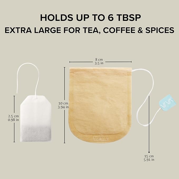 VIVA Large Tea Bags for Loose Leaf Tea, 50 Ct, Holds 6 Tbsp of Coffee, Tea, Spices in Natural Unbleached Manila Hemp Empty Filter Bag, Compostable, Disposable with Extra Long String
