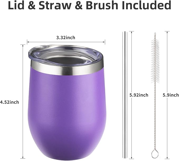 12 oz Insulated Wine Tumbler with Lid and Straw,Stainless Steel Stemless Wine Tumbler Double Wall Vacuum Wine Cups Tumbler Bulk for Coffee,Champaign,Cocktail,Office(Orange/Teal/Purple/Sky blue)