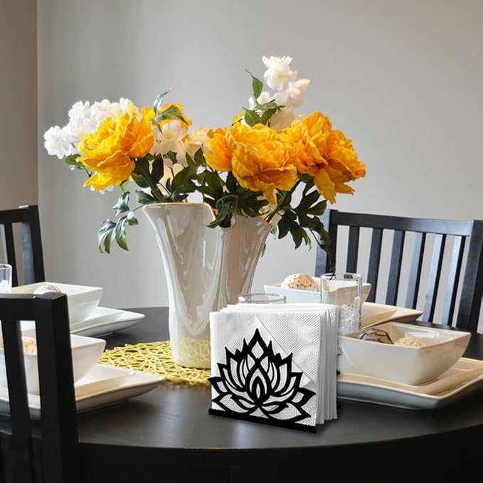 Lotus Flower Decorative Black Metal Napkin Holder for Table, 5.3" x 4.1" x 2" Floral Standing Napkin Holder for Home Kitchen Restaurant Picnic Party Coffee Bar Dining Room
