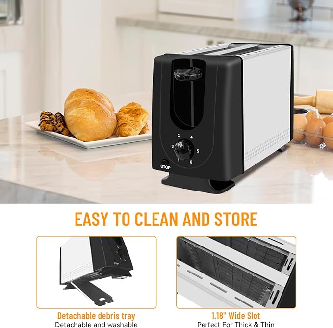2-Slice Toaster, Bread Toaster with 6 Shade Settings, Removable Tray with Reheat & Cancel Buttons, Easy Clean, Compact for Dorm, RV, Office (White)
