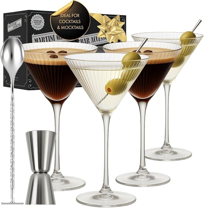 VEMACITY - Ribbed Martini Glasses Set of 4 | Silver Bar Tools - 8oz Coupe Cocktail Glasses | Espresso Martini, Margarita, Manhattan, Cosmopolitan - Art Deco Cocktail Gift Set | Ideal for Christmas