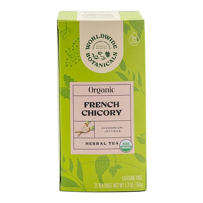 Worldwide Botanicals Organic French Chicory Root Tea, 25 Tea Bags - 3x herbs with 6g per teabag - Prebiotic, Roasted - Acid Free, Caffeine Free, Kosher