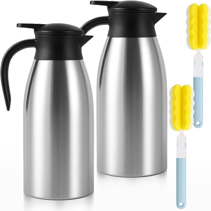 2 Pcs 68 OZ Insulated Coffee Carafe – Thermal Stainless Steel Carafe for Hot Liquids | Double Wall Coffee Thermos Dispenser with Cleaning Brushes – Keep 12H Hot & 24H Cold