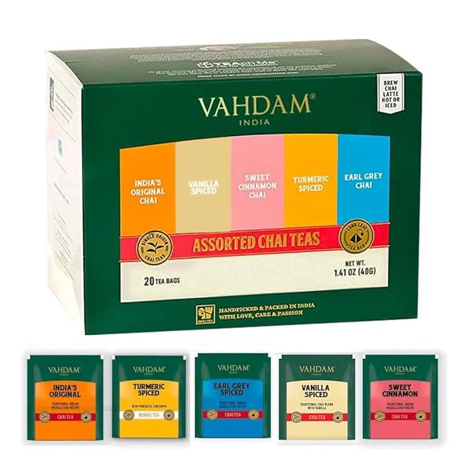 VAHDAM, Assorted Chai Tea Bags Sampler (5 Flavors, 20 Ecofriendly Pyramid Tea bags) I Christmas 2025 Gift Ideas for Women & Men | Masala Chai Tea Varieties from India | Gluten Free & Non GMO