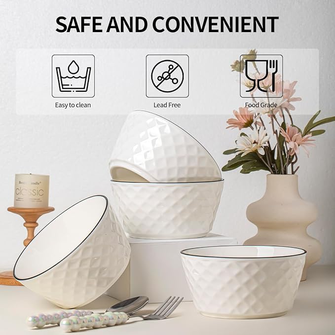 Yeacccng Soup Bowls Set of 6, 30oz Ceramic Cereal Bowls, Scratch-Resistant, Lead-Free, 6 inch White Soup Bowls for Soup, Oatmeal, Salad, Pasta, Dessert Snacks, Fruits, Dishwasher & Microwave Safe