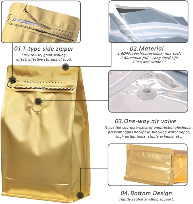 REMTAP Coffee Bags with Valve(50pcs,8oz) Golden High Barrier Aluminumed Foil Flat Bottom Standing Coffee Beans Storage Bags,Reusable Heat Sealable Side Zipper Pouches for Home or Store