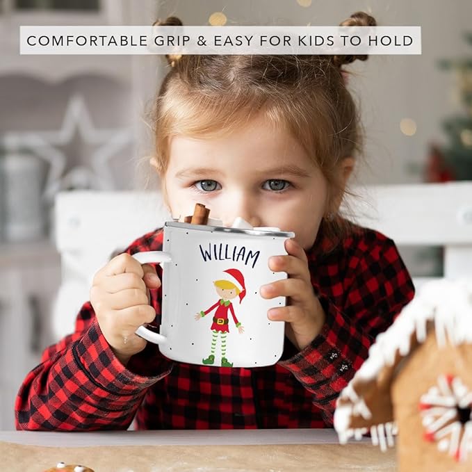 Andaz Press Personalized Name 11oz. Kids Christmas Hot Chocolate Stainless Steel Campfire Coffee Mug, Red Boy Xmas Elf Standing, 1-Pack, Custom Child’s Birthday Xmas Cup Christmas Hot Chocolate Mug