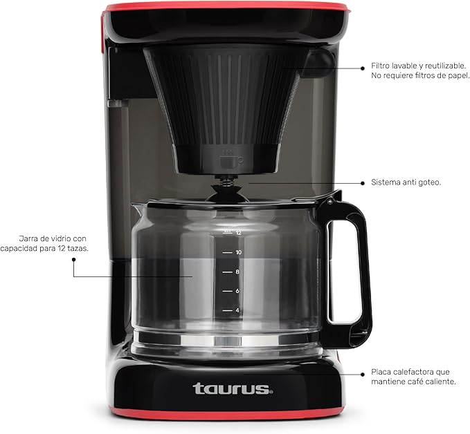 Taurus Velvet 12-Cup Drip Coffee Maker, Glass Carafe, Modern Compact Design, Non-Programmable, Easy-Clean Reusable Filter, Auto Shut-Off, Black