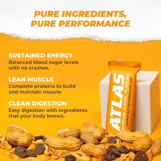 Atlas Bar – 20g Protein, 1g Sugar, 0g Seed Oils, 0g Artificial Sweeteners (Peanut Butter Chocolate Chip, 24 Count)