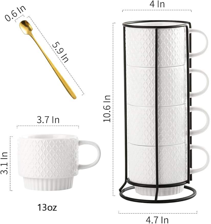 Gomakren Stackable Coffee Mugs Set with Stand, Coffe Cup with Tea Spoon 13 Ounce Christmas Cups for Cappuccino Coffee Drinks Tea, Set of 4, White Gift for Man Women 380ml