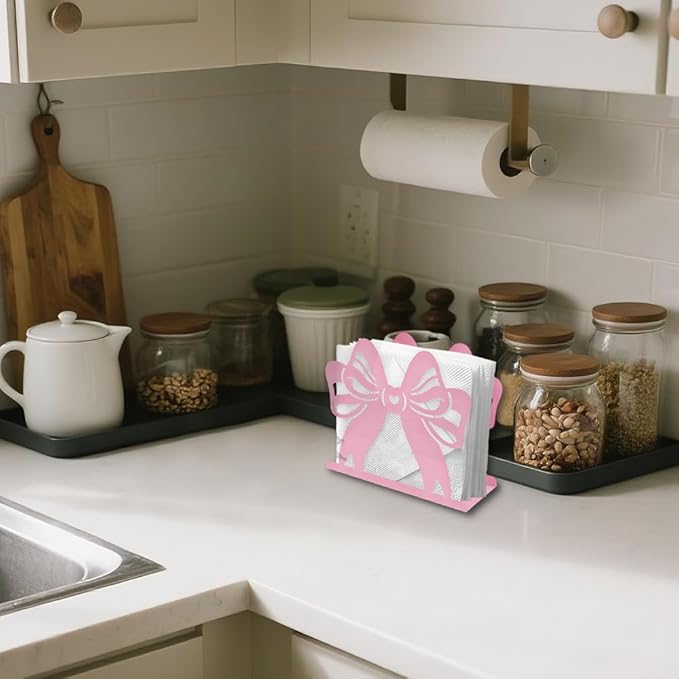 Pink Bow Decorative Metal Napkin Holder for Table, 5.9" x 5.3" x 1.9" Bow Standing Napkin Holder for Home Kitchen Restaurant Picnic Party Coffee Bar Dining Room