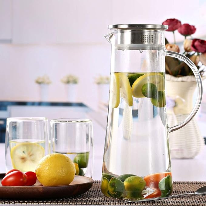 Hwagui - Heat Resistant Glass Pitcher with Stainless Steel Lid, Water Carafe with Handle, Good Beverage Pitcher for Homemade Juice and Iced Tea, 1600ml/53oz